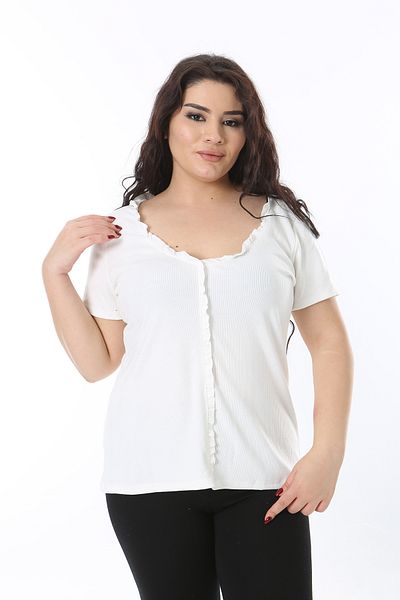 Şans Women's Plus Size Bone Front Trim Placket and Neck Ruffle Detail Lycra Blouse 65N38760