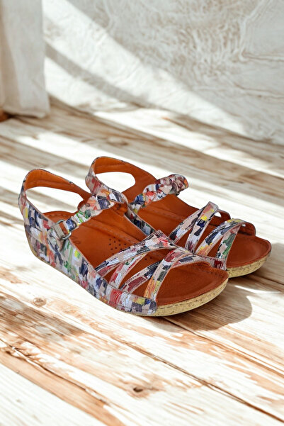İNZE AYAKKABI Multicolored Pink Braided Genuine Leather Sandals Model Bougainvillea