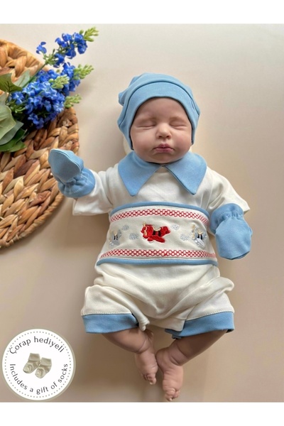 Mama Miel Baby Uçak Nakışlı Yazlık Mavi Yenidoğan Tulum Set - Summer Edition