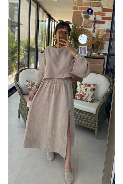 MODAGK Ham Keten Bohemk Bluz Etek Takım