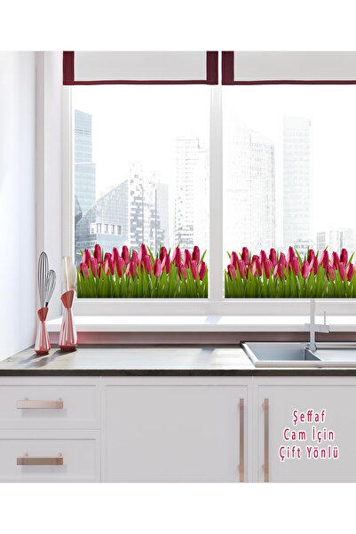 MAARS Pembe Lale Desenli Şeffaf Malzeme çift yönlü Cam Sticker - Cam Süsü Dek...