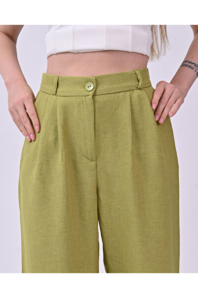 polle Pantaloni Palazzo de damă din in cu talie înaltă - verde ulei