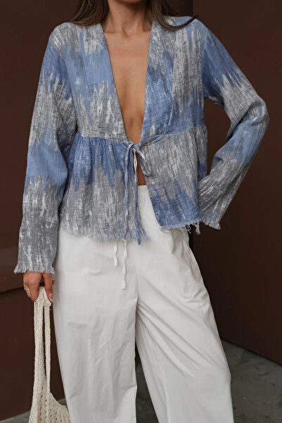 FEMMESTUDIO Women's V-Neck Color Patterned Yumoş Muslin Kimono with Lacing Detail