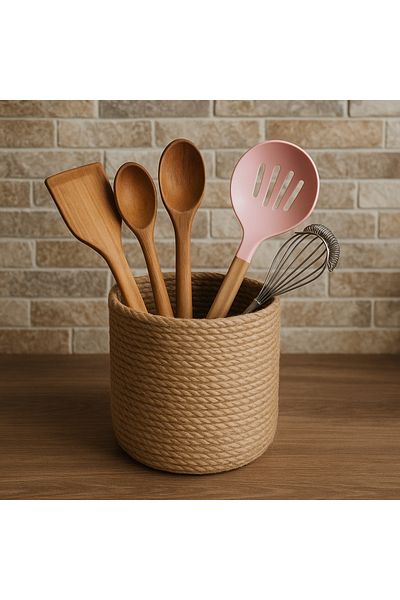 ÖRGÜM 15x15 Cm Kitchen Organizer - Jute Spoon Basket with Spoon Holder