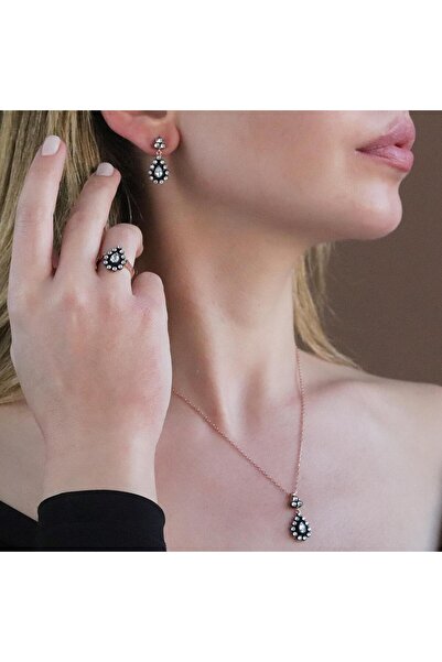 Necati Gün Elmas Montür Zirkon Taşlı Damla Model Rose Gold Kaplama Gümüş Set