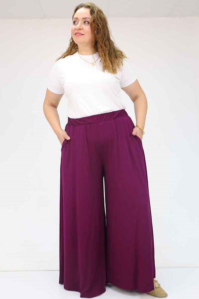 eslamood 49003 Plus Size Plum Colored Combed Cotton Skirt Trousers - Elastic Waist