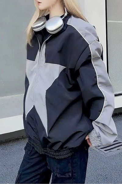 EDVESS Y2k Γκρι Μαύρο Streetwear Windbreaker Μπουφάν