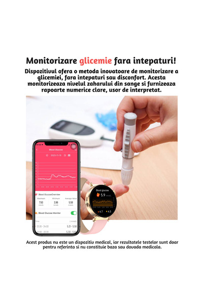 Lommad Smartwatch Femei Lommad® ECG, Glicemie, Tensiune, Apel Bluetooth, IP68, Elegant, Auriu