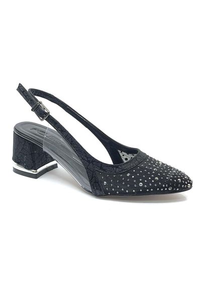 KOCAMANLAR Feles Open Back Transparent Stone Detailed Cinderella Women's Short Heeled Shoes Black