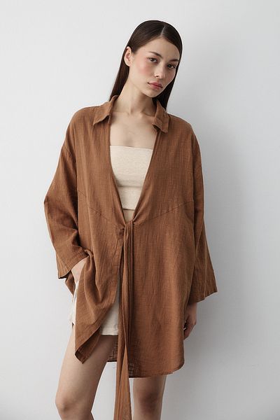 Laluvia Coffee Flam Leinen-Kimono-Shirt