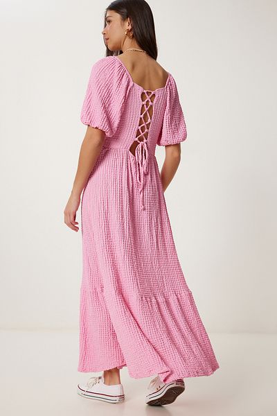 Lovelyİstanbul Καλοκαιρινό πλεκτό φόρεμα με λαιμόκοψη Sweetheart Pink Lub0010