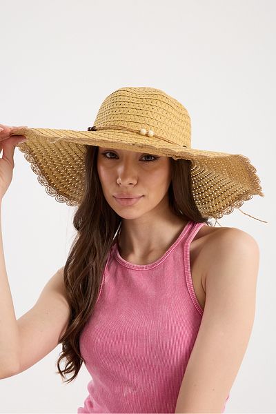 Moda Days Camel Thread Ribbon Bow Detailed Straw Beach Hat