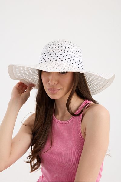 Moda Days White Polka Dot Fabric Striped Straw Beach Hat with Bow Detail