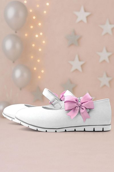 Rakerplus Genuine Leather White Velcro Pink Ribbon Girls' Ballerinas