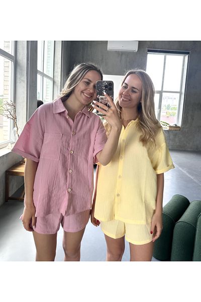 bella bonita 100% Cotton Muslin Oversize Bottom Top Set Women's Summer Beach Pajama Set Shirt Shorts Muslin Set