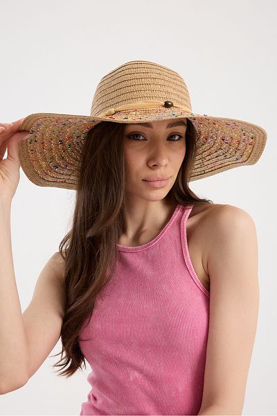 Moda Days Camel Fabric Striped Straw Beach Hat with Bow and Color Detail