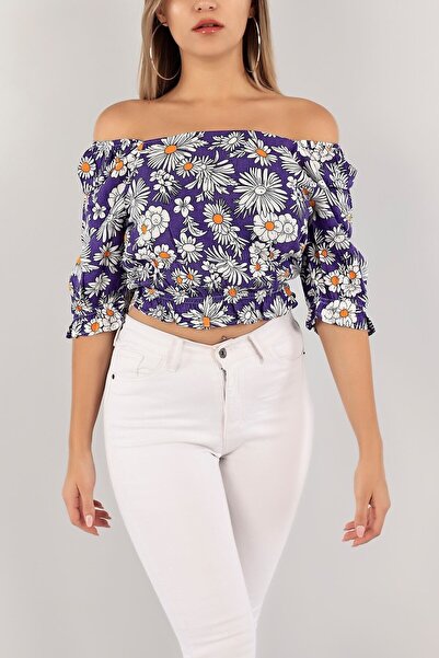 Aslında Look Μπλούζα Madonna γιακά με φλοράλ στάμπα Guipeli Elastic Soft Wove...