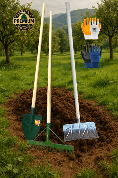 AKM Tools Bahçe Seti Bel Küreği Tırmık Gelberi Sapları ve Sarı Mavi Eldiven