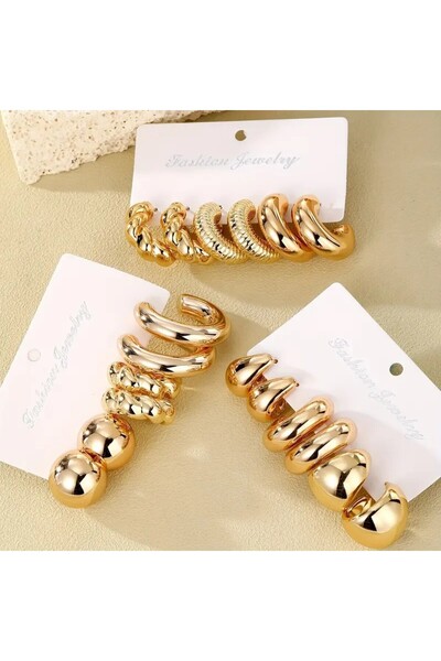 Perry Accesories 9 Çift Kaliteli Kaplama Çift Küpe Gözyaşı Damlası Bottega Küpe Halka Bombe Küpe Çoklu Kombin Küpe