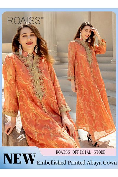 ROAISS Abaya Style Robe with Printed Pattern Loose Fit Women Daily Casual Versatile Long Skirt Commuter Lon