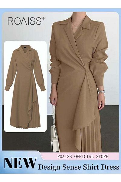 ROAISS Ladies Tunic Dress Solid Color Formal Elegant Asymmetrical Pleated Design High Waist Vintage V-Neck