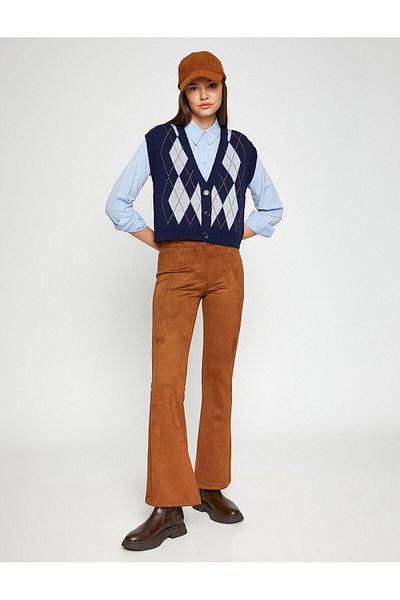 Koton Flared Leg Trousers Suede Look Buttoned