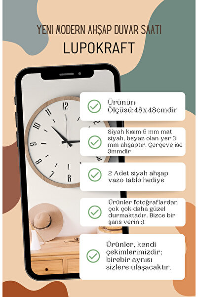 LUPOKRAFT Dekoratif Ahşap Ross 128 Duvar Saati - Siyah & Beyaz MDF Çerçeveli, Modern Tasarım, Sessiz Mekanizma