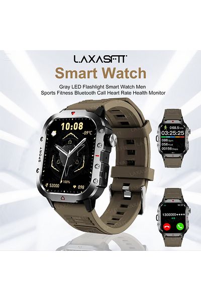 LAXASFIT Gray Led Flashlight Smart Watch Men Sports Fitness Bluetooth Call Heart Rate Health Monitor