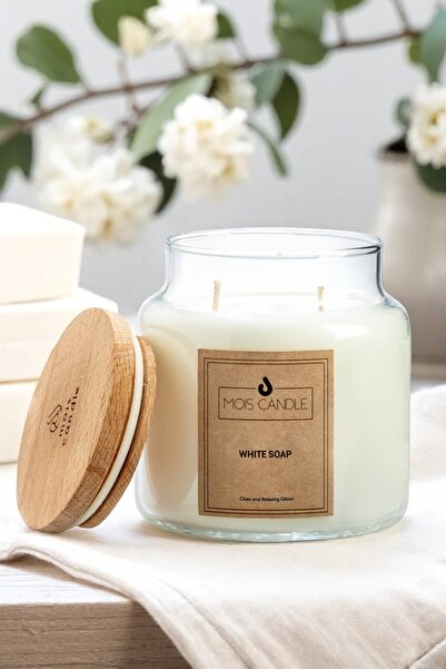 Mois Candle Beyaz Sabun Kokulu Kavanoz Mum - 700 Gr. Ahşap Kapaklı Kavanoz Mu...