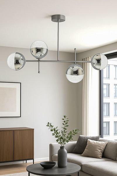 Fer Avize Cello Modern Design Gray Case Chrome Ball - Cafe - Living Room - Kitchen - Bedroom - Led 4-Piece Chandelier