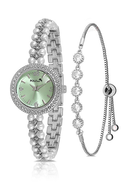 Polo Air İnci Taşlı Görünümlü Kadın Kol Saati Zirkon Taşlı 5 Taş Bileklik Kom...
