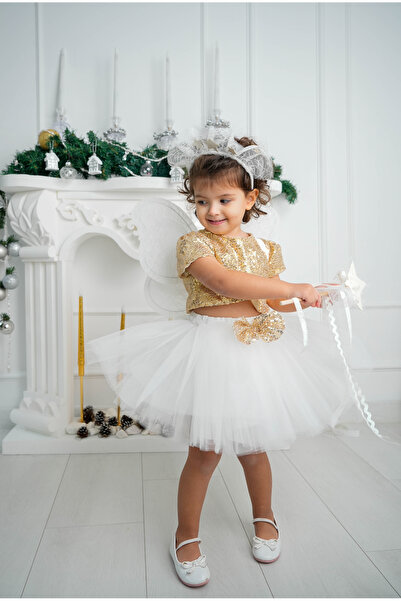 DUCA KIDS Kız Çocuk Doğum Günü Kelebek Kanatlı Croplu Tütü Takımı 3-4 Yaş / Beyaz Renk