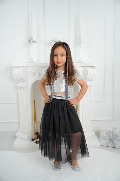 DUCA KIDS Crop cu paiete strălucitoare și fustă lungă din tul / alb-argintiu