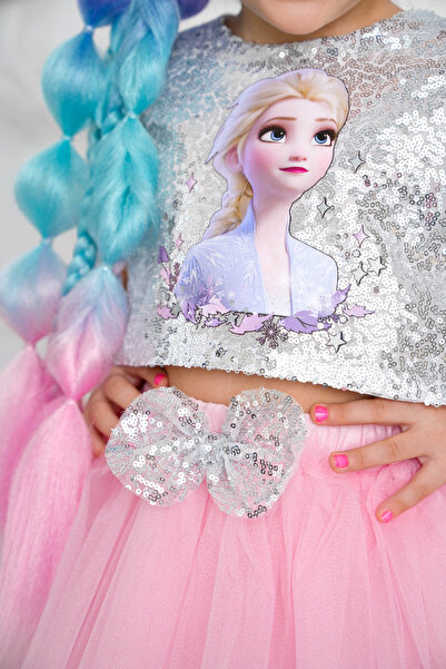 DUCA KIDS 3-8 Yaş Kız Çocuk Elsa Temalı Pullu Crop Ve Fiyonklu Tütü Takım – Parti / Doğum Günü