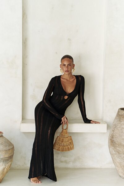 BOHEMAİ Rochie lungă de tricotaje negre cu detaliu de mărgele Anandra