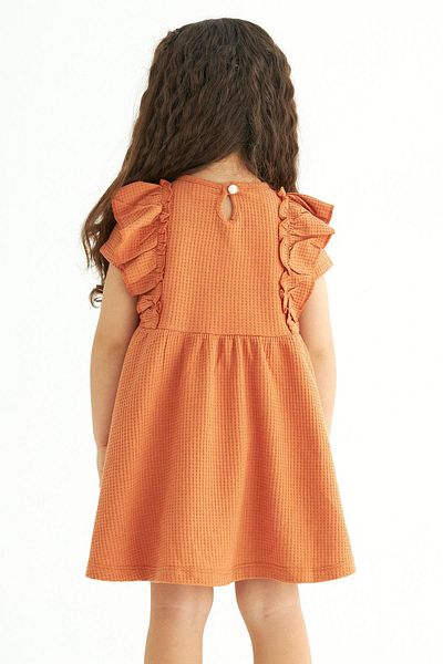 zepkids Crew Neck Ruffled Waist Gathered Tile Color Girls Dress