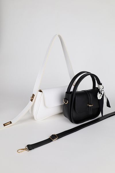 NOTHING Set de 2 genți pentru femei, alb, negru, auriu, cu curea de blocare și eșarfă cu accesorii aurii, cadou Alessamilan