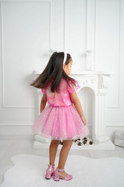 DUCA 3-8Years Girls' Set: Star Print Tutu Skirt and Glitter Sequin Crop