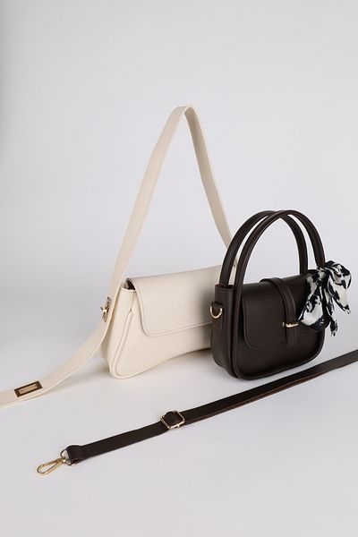 NOTHING Women's Cream Brown Gold Lock Strap and Gold Accessory Scarf Gift 2-Piece Bag Set Alessamilan