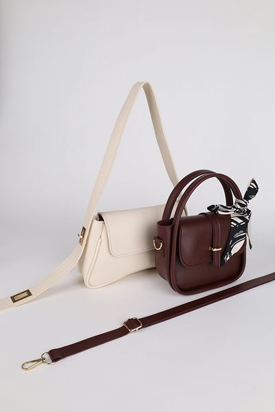 NOTHING Women's Cream Claret Red Gold Lock Strap and Gold Accessories Scarf Gift Set of 2 Bags Alessamilan