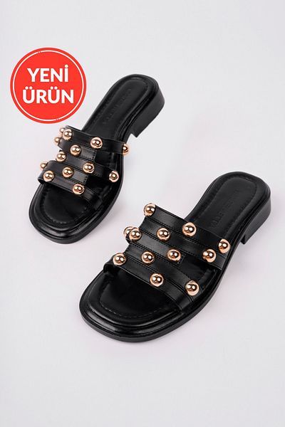 MARSHETTA Lucetta Model Gold Staple Accessory Daily Black Women's Slippers