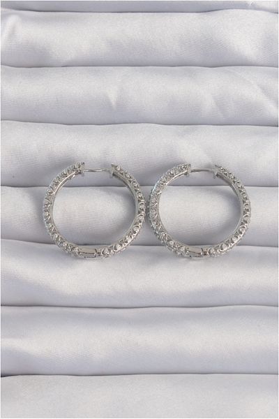 By Mino Brass Silver Color Zircon Stone Motif Hoop Earrings - Tj-Bkp9282