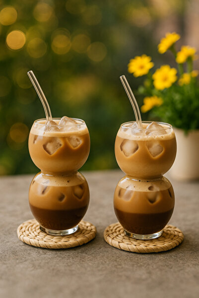 HİNESSA 2'li Pipetli Boğumlu Yuvarlak Stil Bardak | Kahve Ve Sunum Bardağı Bo...