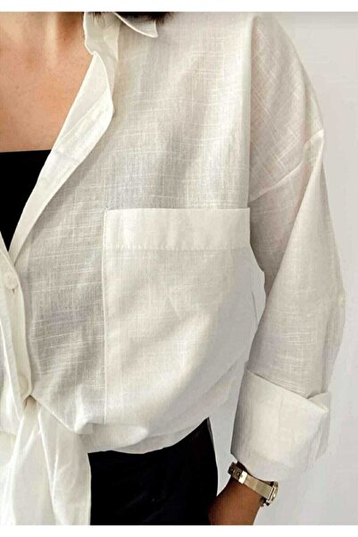 Fırsatbutik Kadın Krem Oversize Gömlek %100 Ketendir Kumaşlarımız Kendi Üreti...