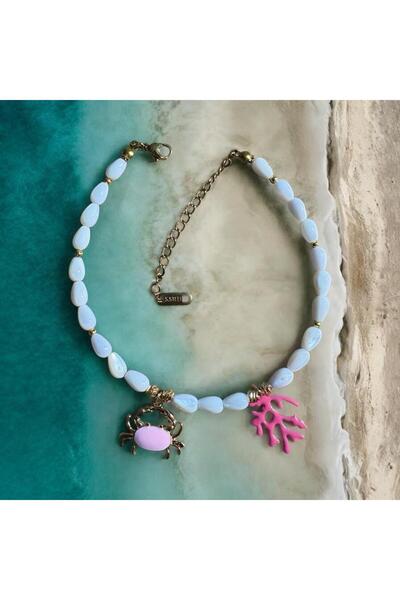 MODA Natural Stone Women's Anklet – Pink Crab Figure Summer Anklet Aa Quality...