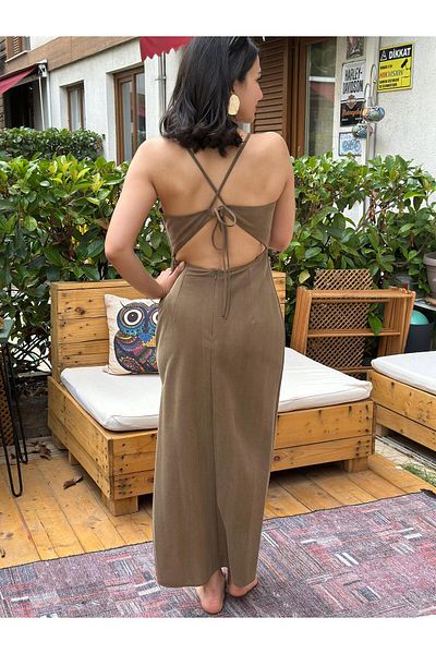 nidistore Khaki Thin Rope Strap Deep Slit Backless Long Dress