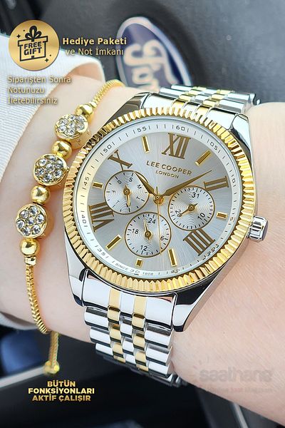 Lee Cooper Original Lee Cooper Functions Gold Silver Yellow White Steel Women Wristwatch with Active Calendar