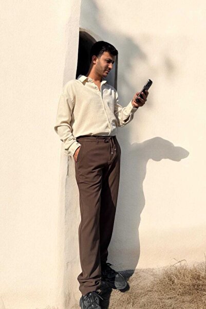 thesunfyre ERKEK Yandan Cepli Beli Lastikli Bağcıklı Rahat Kalıp Kumaş Relaxed Pantolon