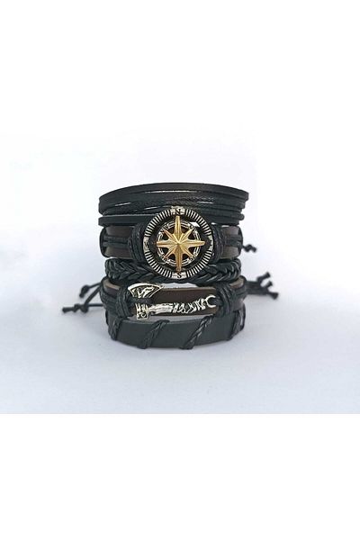 BSN Viking Thor Axe Compass Figured 5-Piece Genuine Leather Bracelet