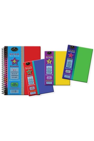 Defne Yellow Star A4 150 - 2-Line Notebook with Leaf Bookmark, Spiral Plastic Cover, 6 Threads and 4 Checks